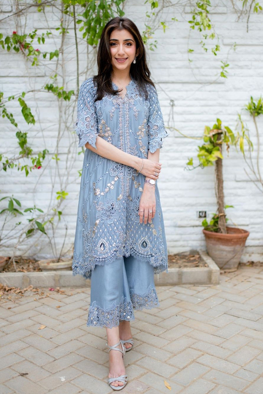 Lavender Cutwork Embroidered Silk-Blend Jacket Shirt (2-Piece) - Image 1