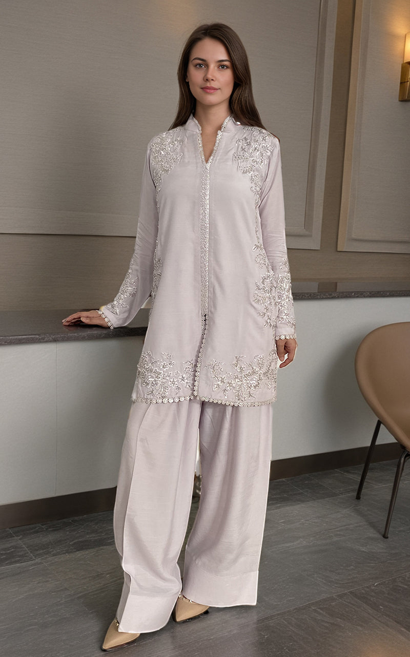 Soft Lilac Embroidered Silk-Blend Salwar Kameez (2-Piece) - Image 1