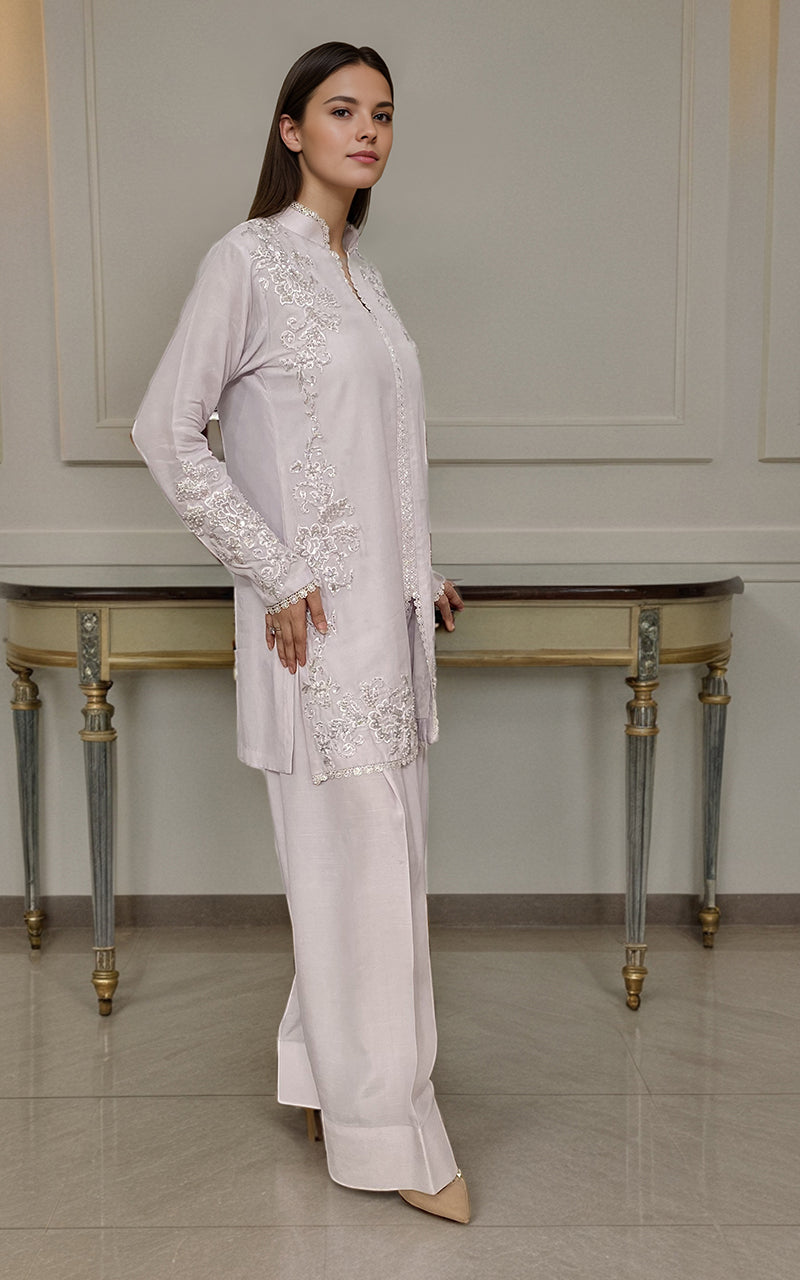 Soft Lilac Embroidered Silk-Blend Salwar Kameez (2-Piece) - Image 2