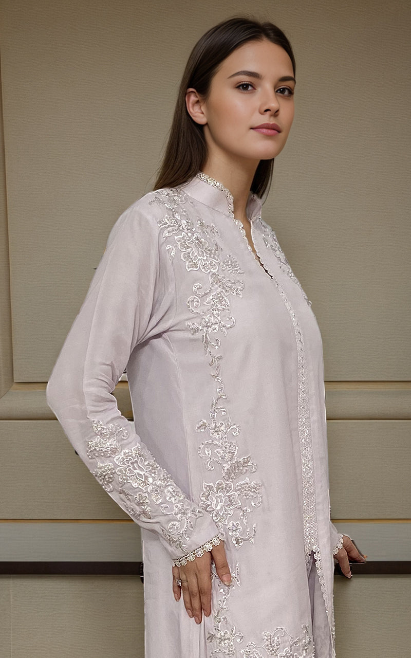 Soft Lilac Embroidered Silk-Blend Salwar Kameez (2-Piece) - Image 3