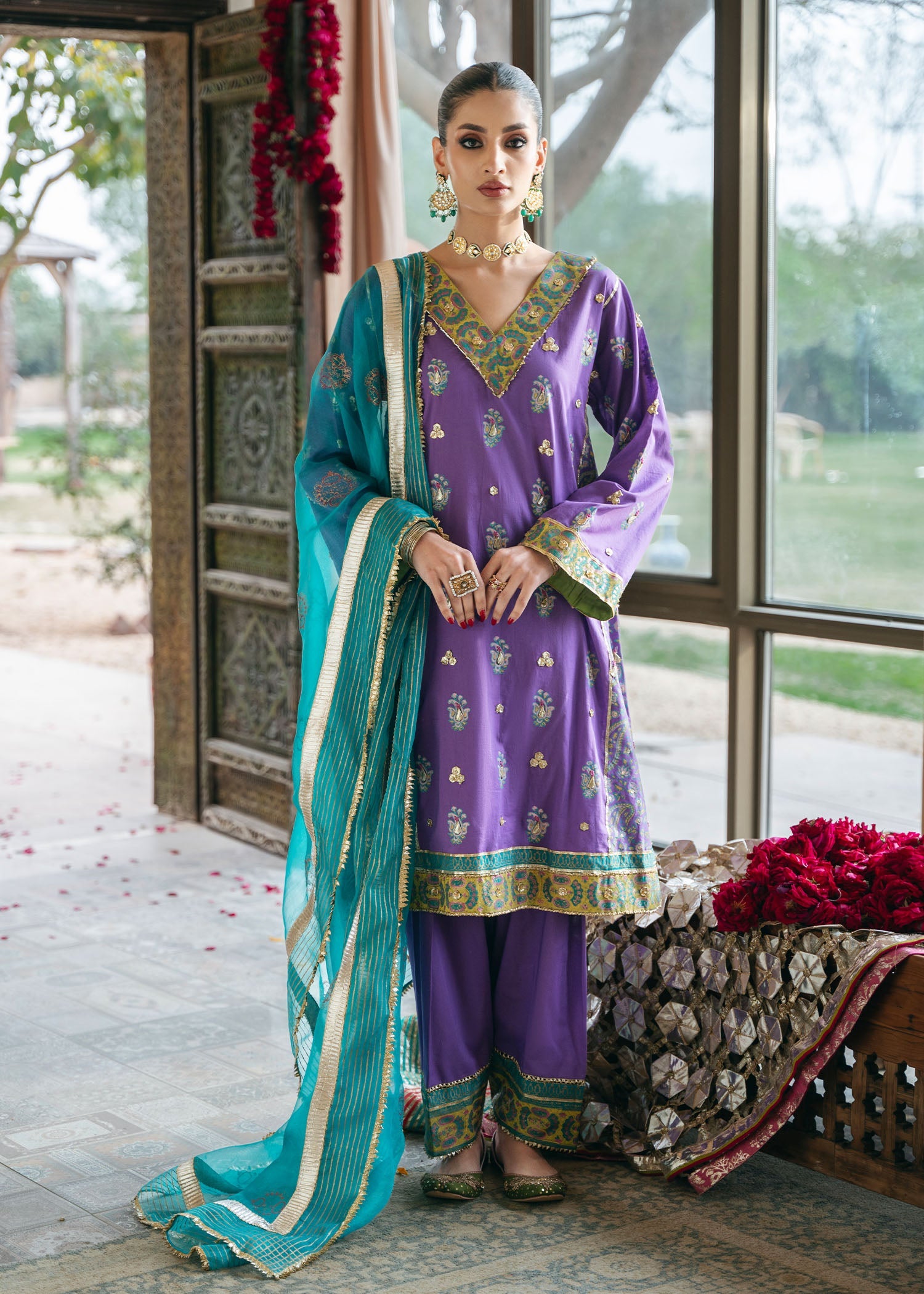 Pakistani Lilac Block Printed Silk Kurta Set (3-Piece) - Image 1
