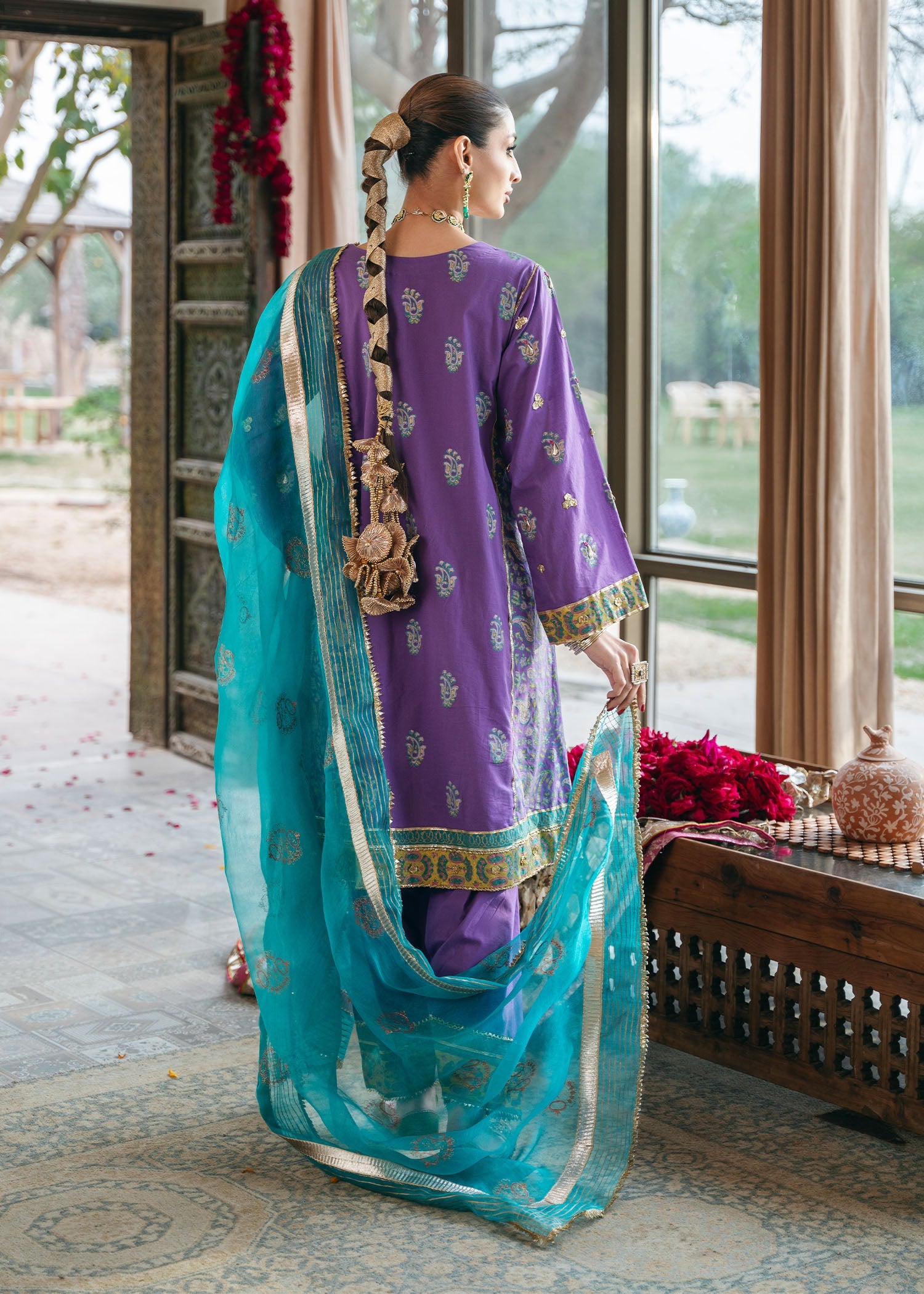 Pakistani Lilac Block Printed Silk Kurta Set (3-Piece) - Image 4