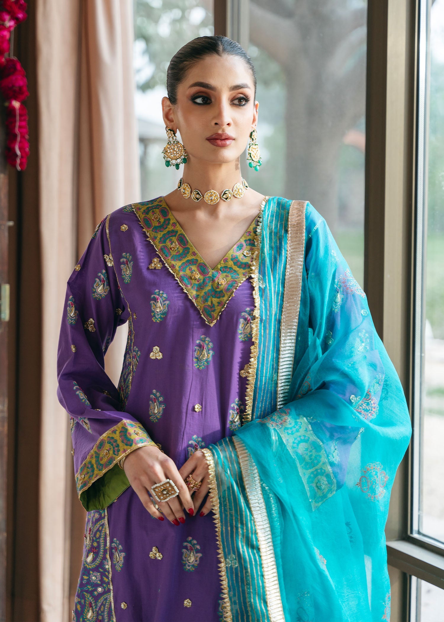 Pakistani Lilac Block Printed Silk Kurta Set (3-Piece) - Image 6