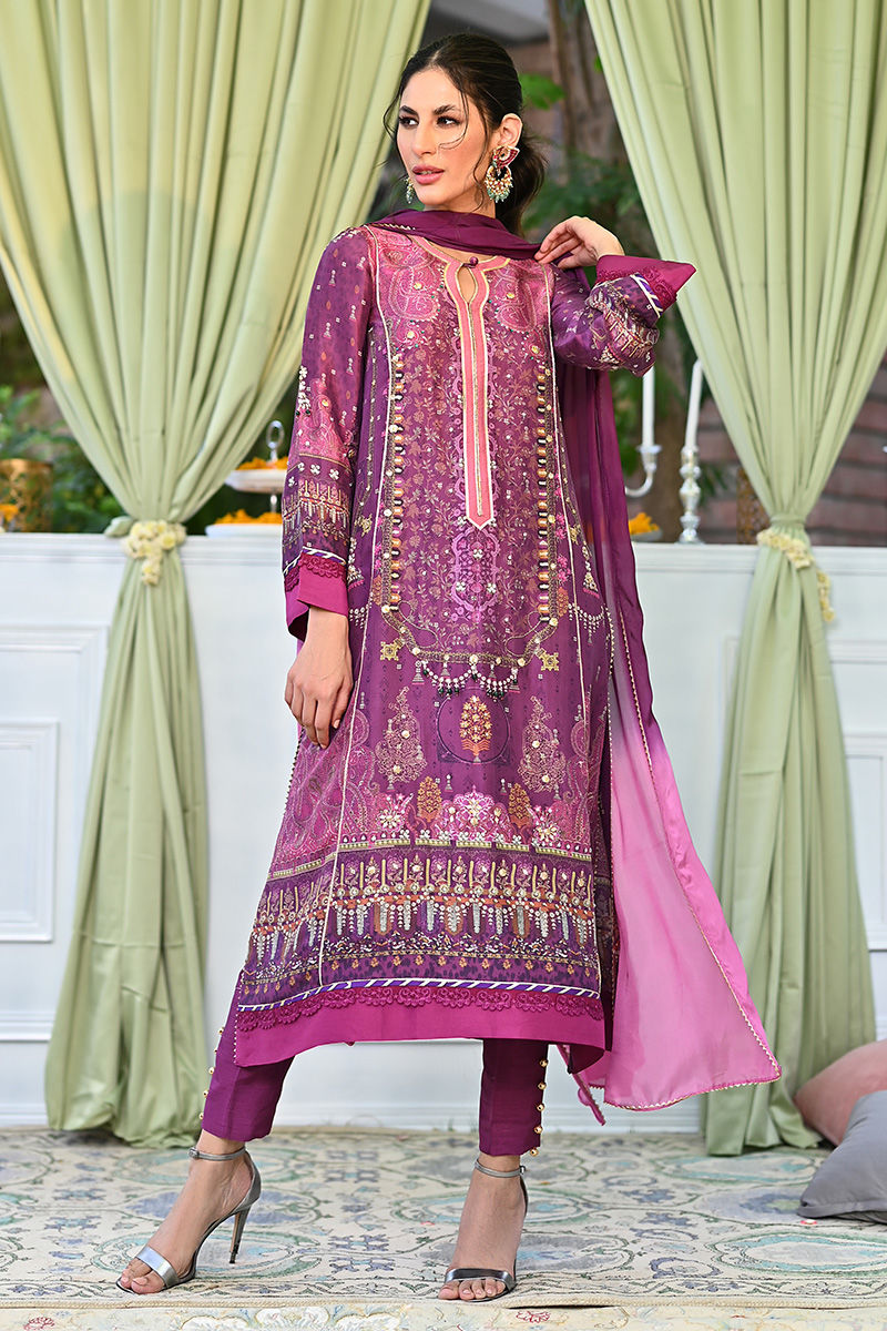 Violet Digital Printed Pure Silk Salwar Kameez (3-Piece) - Image 1