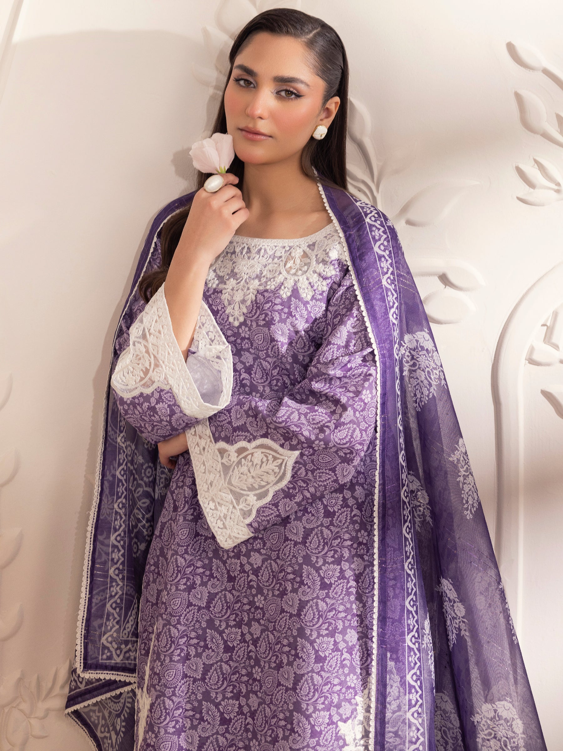 Pakistani Purple Embroidered Silk Lawn Salwar Kameez (3-Piece) - Image 10