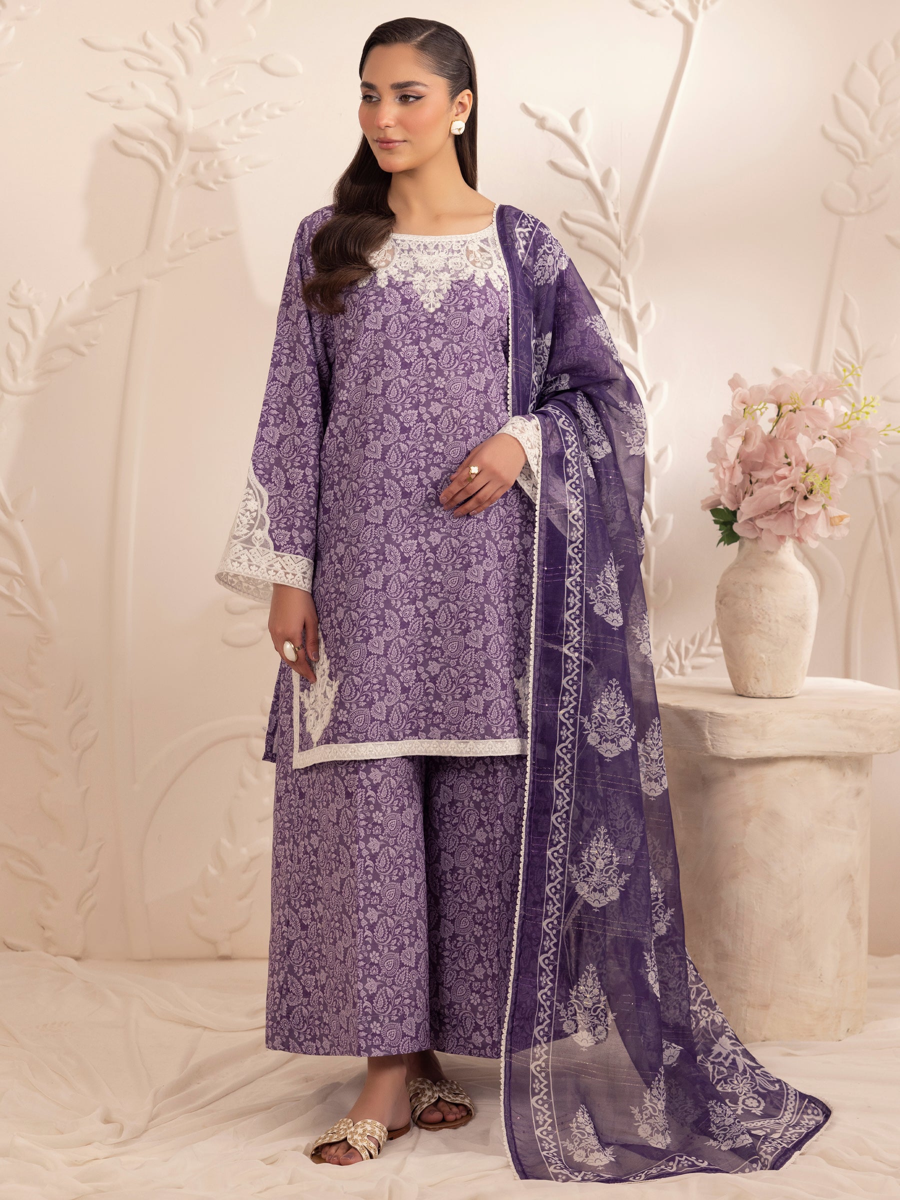 Pakistani Purple Embroidered Silk Lawn Salwar Kameez (3-Piece) - Image 2