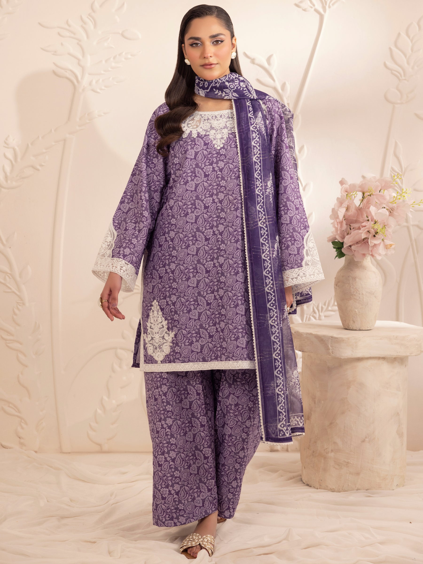 Pakistani Purple Embroidered Silk Lawn Salwar Kameez (3-Piece) - Image 3