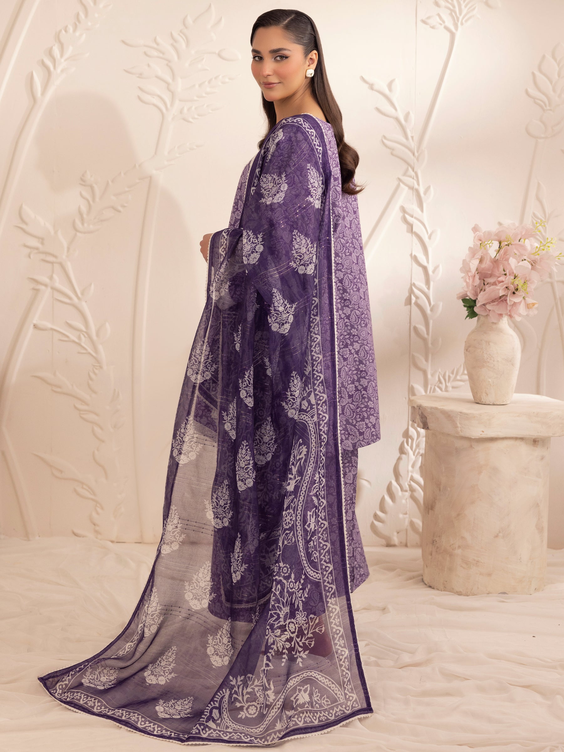 Pakistani Purple Embroidered Silk Lawn Salwar Kameez (3-Piece) - Image 4