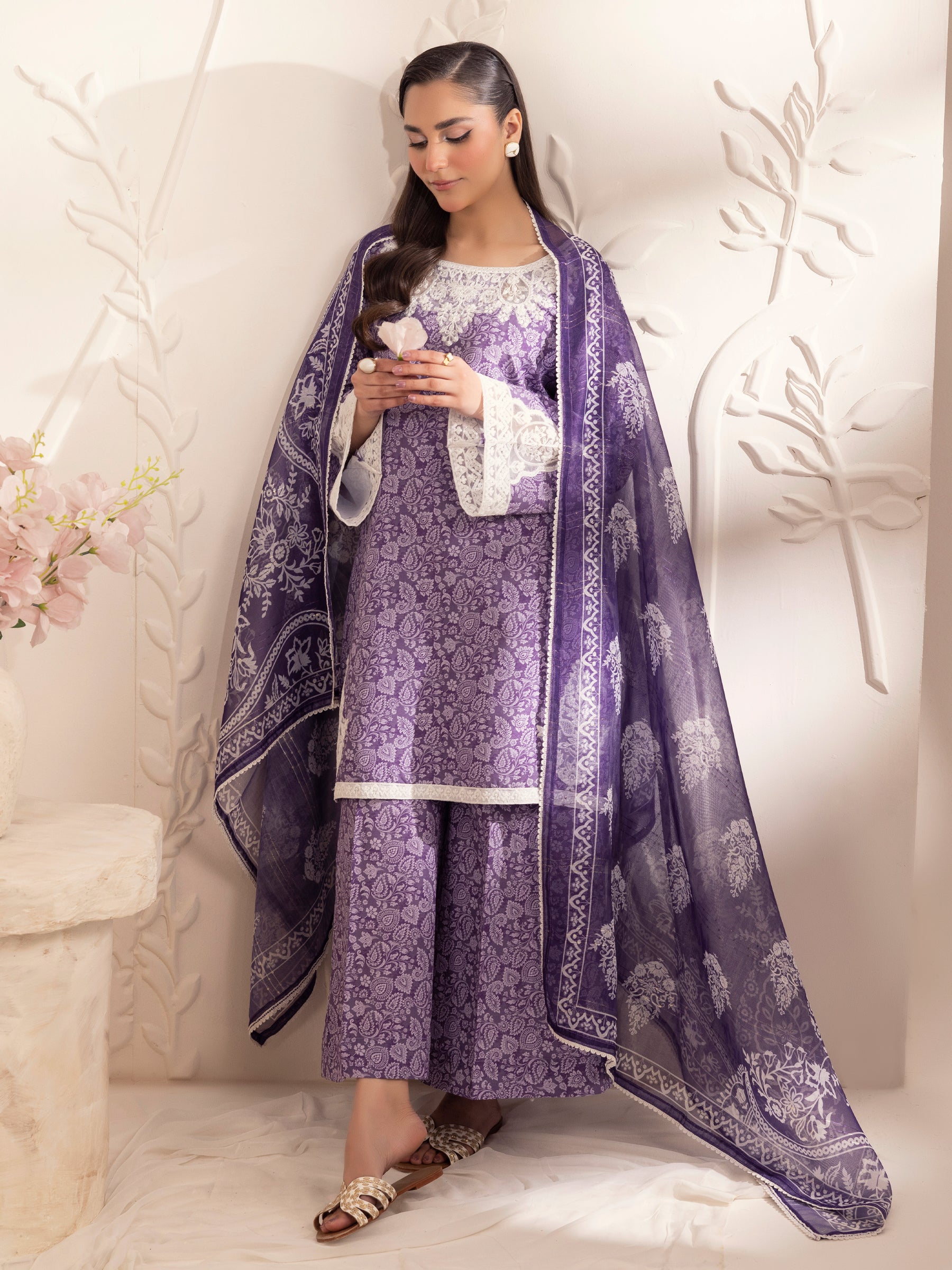 Pakistani Purple Embroidered Silk Lawn Salwar Kameez (3-Piece) - Image 6