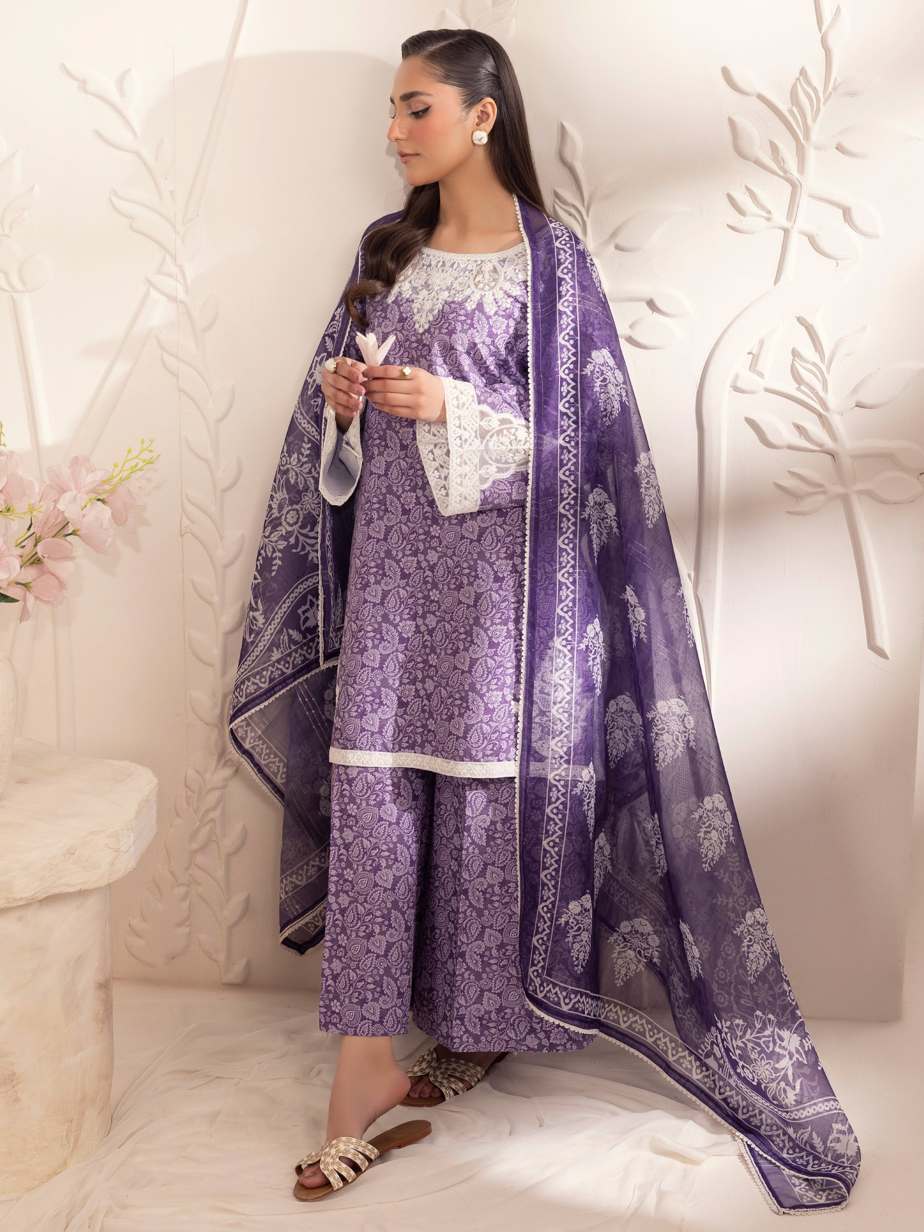 Pakistani Purple Embroidered Silk Lawn Salwar Kameez (3-Piece) - Image 7