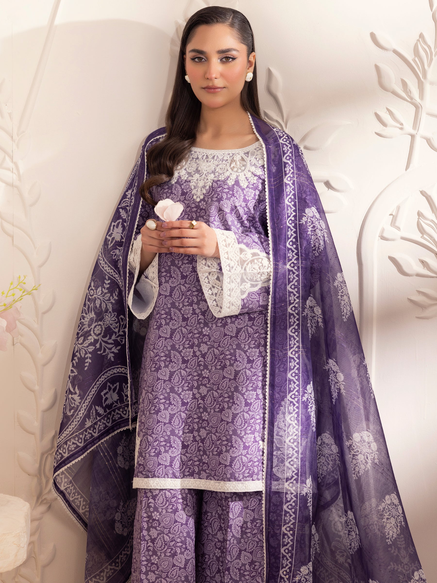 Pakistani Purple Embroidered Silk Lawn Salwar Kameez (3-Piece) - Image 8