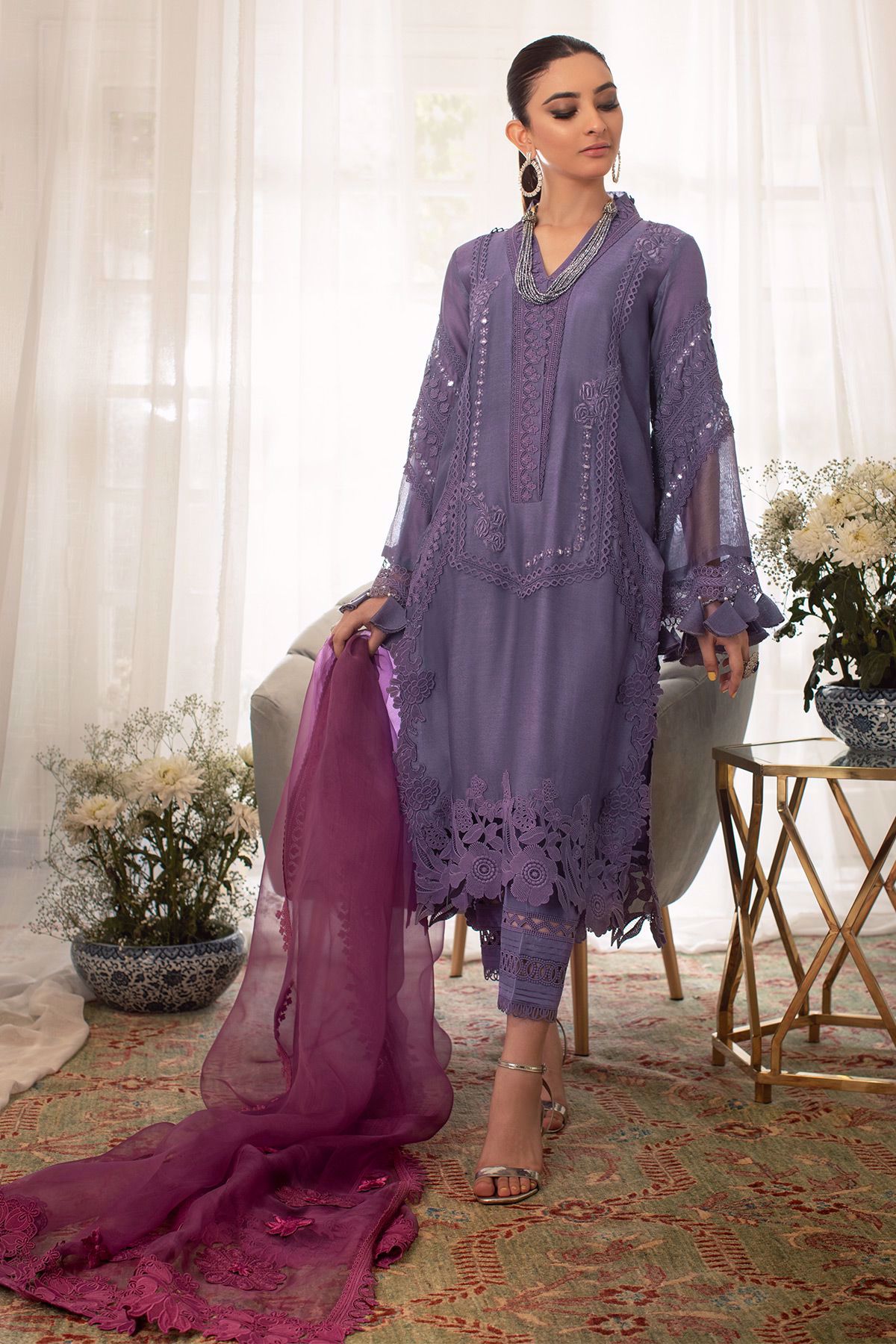 Graphite Purple Embroidered Silk Net Salwar Kameez (3-Piece) - Image 1