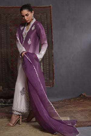 Purple Ombre Embroidered Silk Salwar Kameez (3-Piece) - Image 4