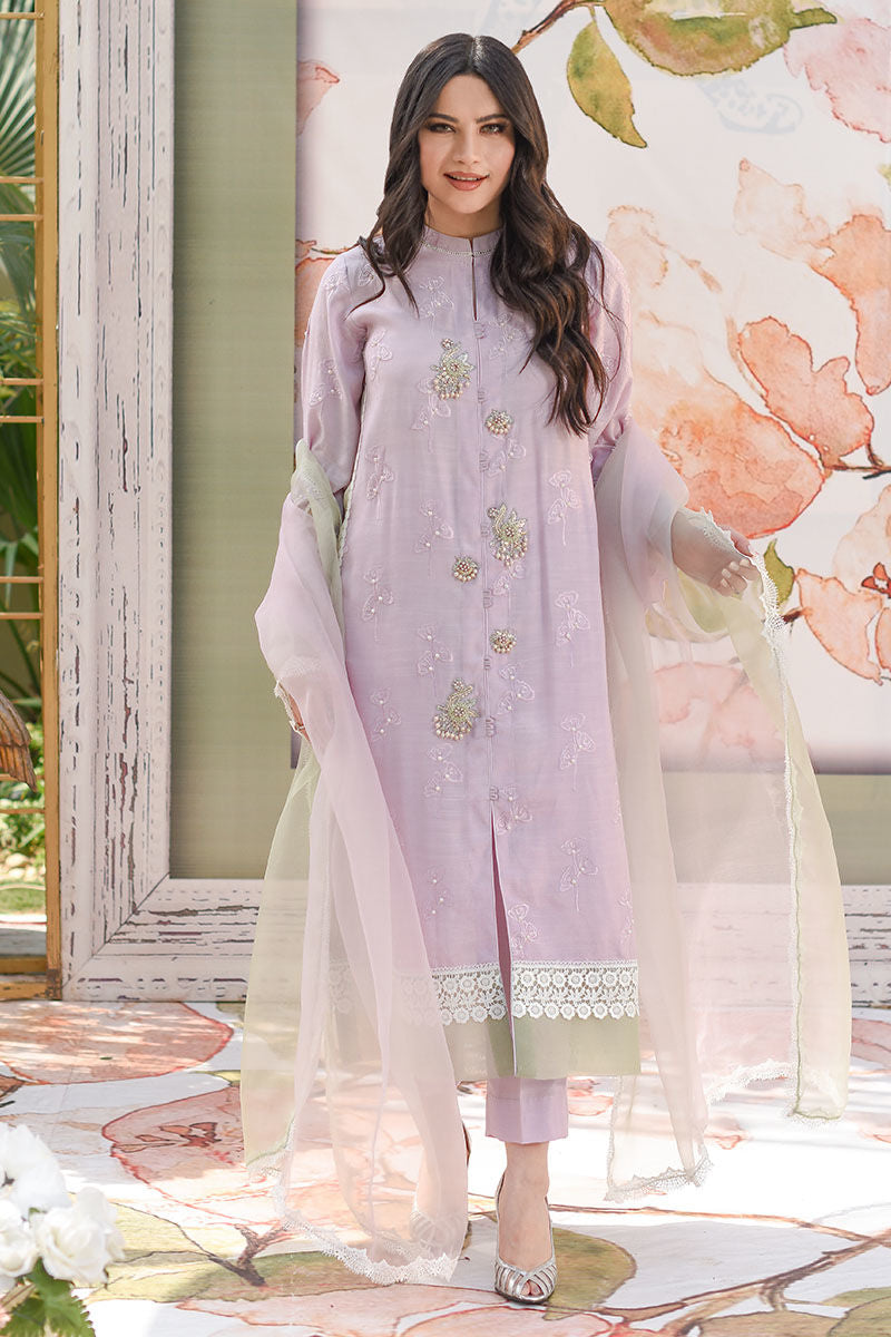 Lilac Embroidered Silk Kurta Set (3-Piece) - Image 2