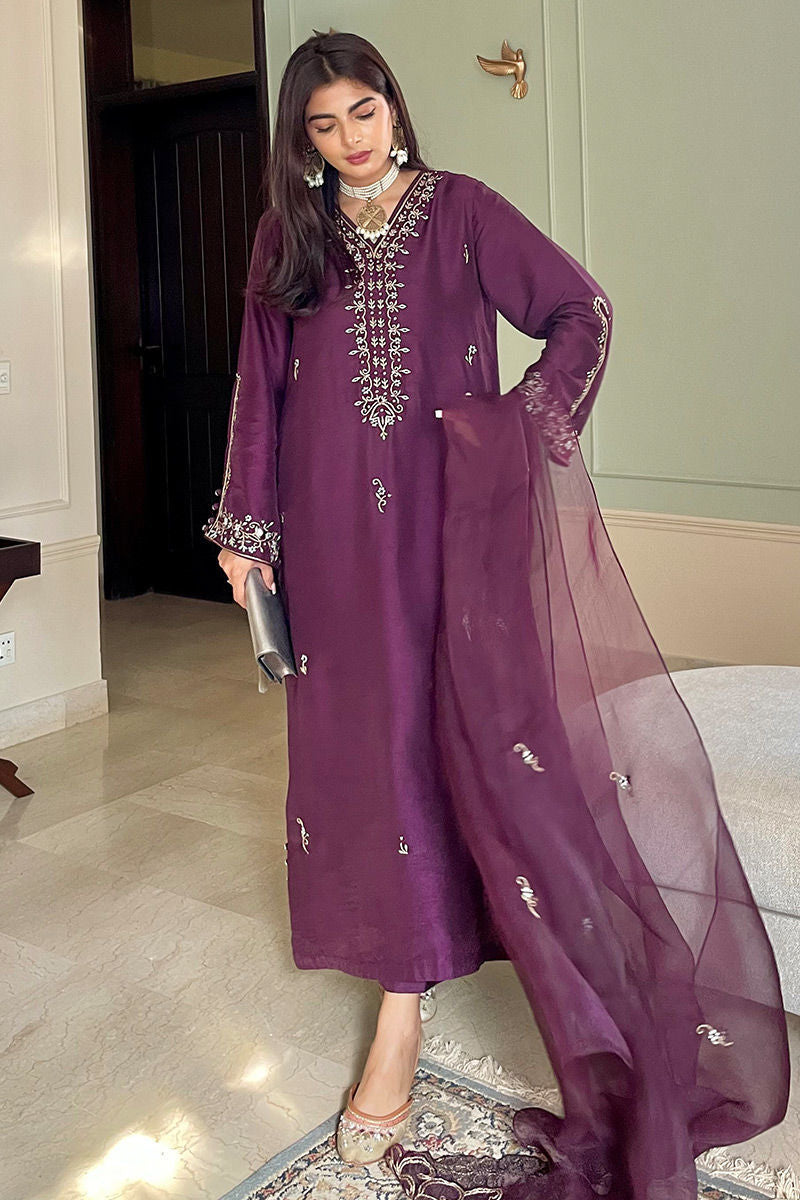 Pakistani Plum Embroidered Silk Salwar Kameez (3-Piece) - Image 1