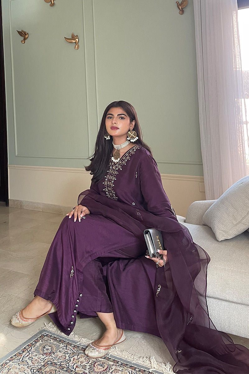 Pakistani Plum Embroidered Silk Salwar Kameez (3-Piece) - Image 2