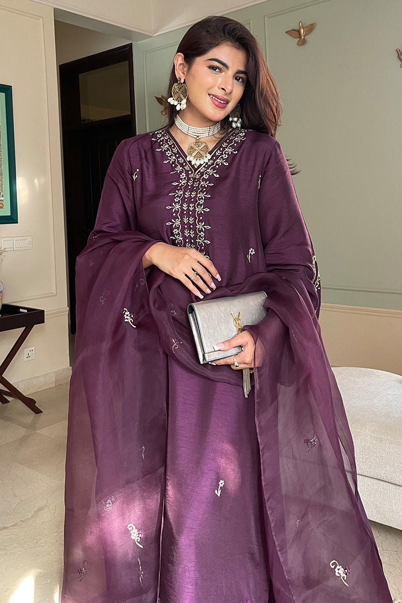 Pakistani Plum Embroidered Silk Salwar Kameez (3-Piece) - Image 3