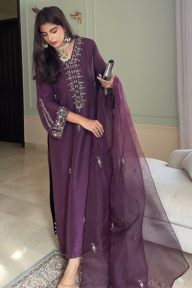 Pakistani Plum Embroidered Silk Salwar Kameez (3-Piece) - Image 4