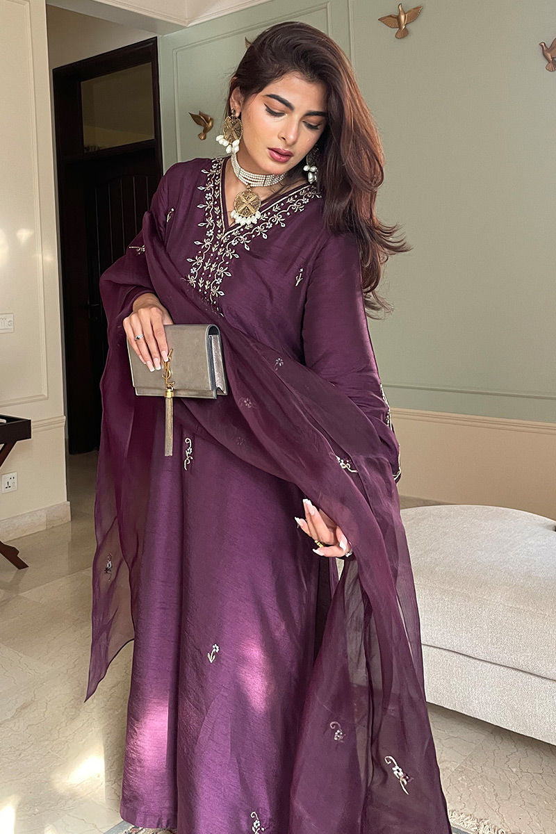 Pakistani Plum Embroidered Silk Salwar Kameez (3-Piece) - Image 5