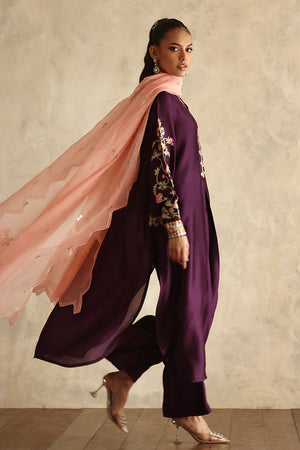 Deep Purple Embroidered Silk Salwar Kameez (3-Piece) - Image 2