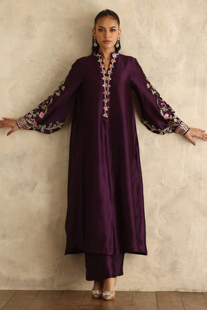 Deep Purple Embroidered Silk Salwar Kameez (3-Piece) - Image 3