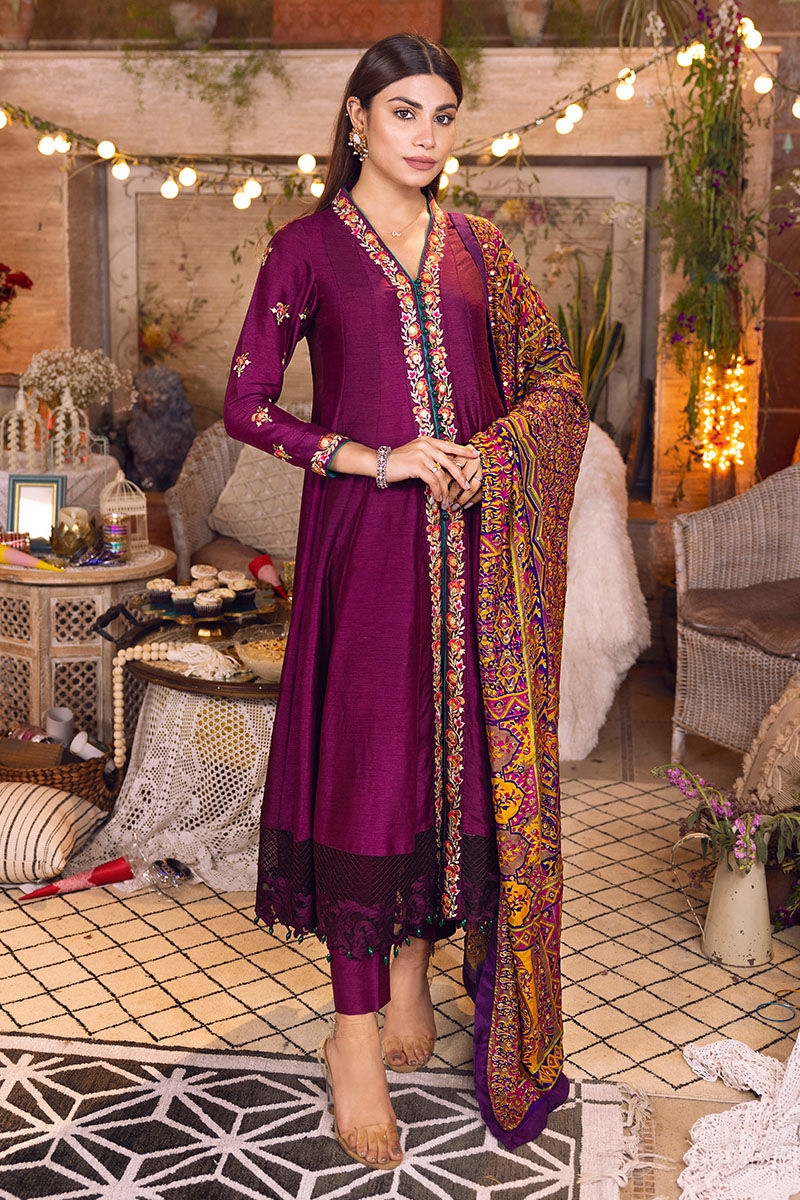 Pakistani Purple Embroidered Silk Salwar Kameez (3-Piece) - Image 1