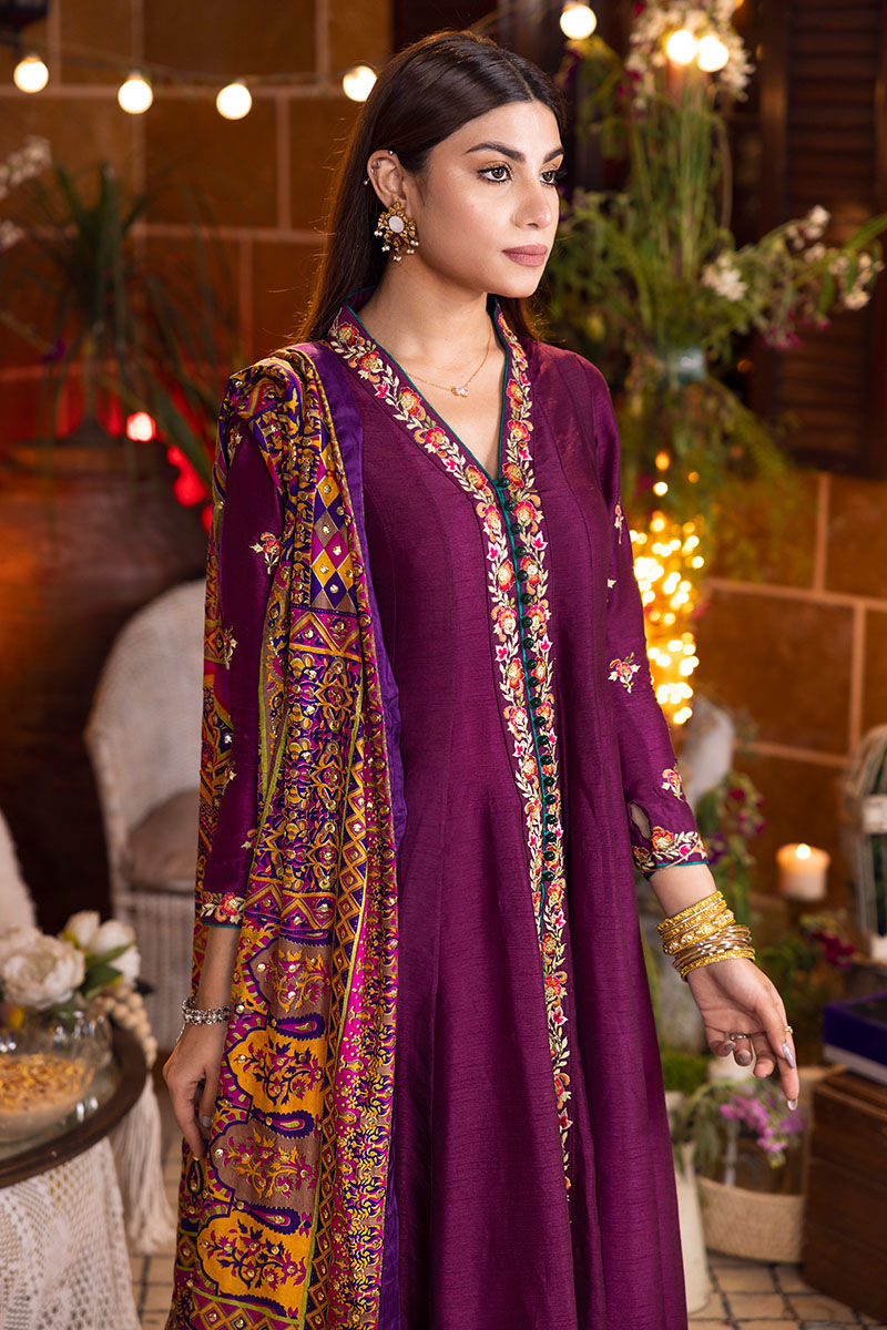 Pakistani Purple Embroidered Silk Salwar Kameez (3-Piece) - Image 2