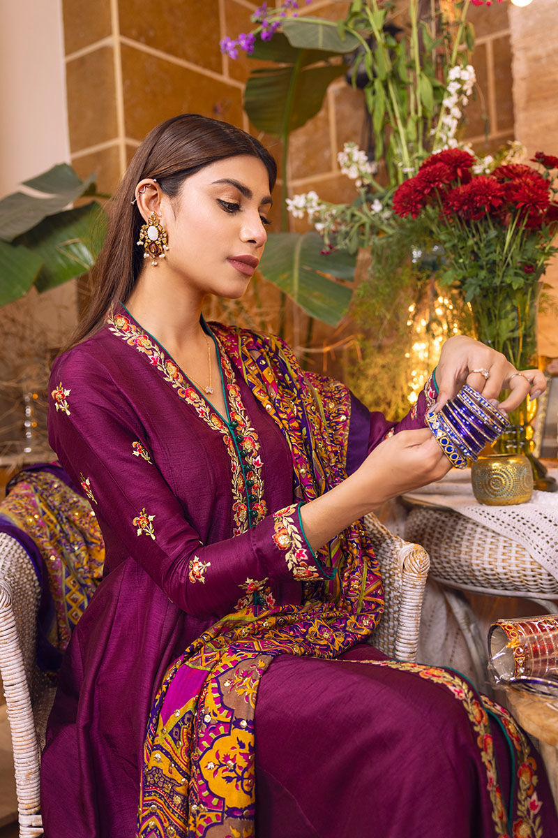 Pakistani Purple Embroidered Silk Salwar Kameez (3-Piece) - Image 3