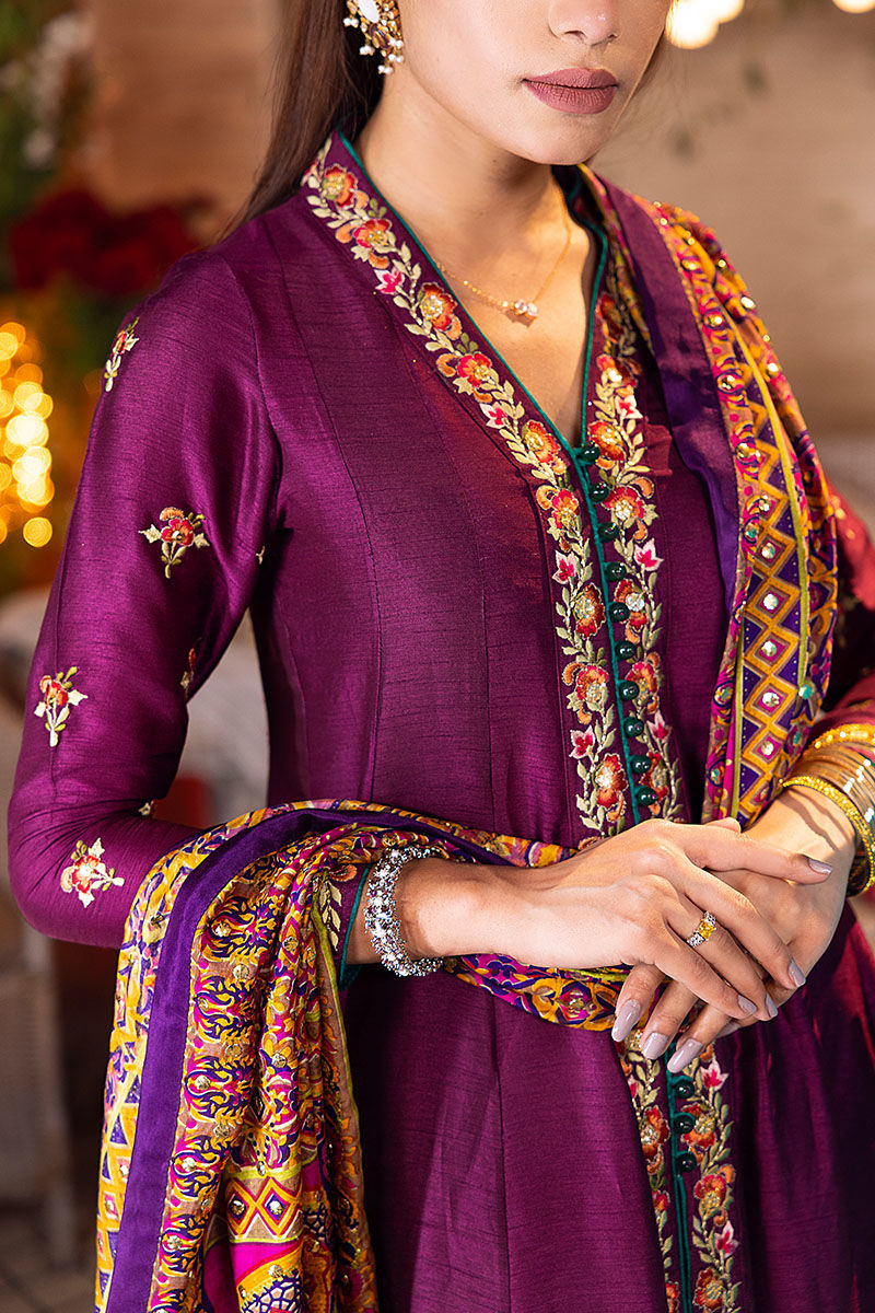 Pakistani Purple Embroidered Silk Salwar Kameez (3-Piece) - Image 4