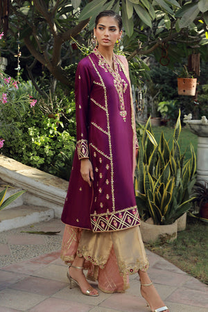Pakistani Plum Embroidered Silk Long Shirt (3-Piece) - Image 1