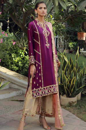 Pakistani Plum Embroidered Silk Long Shirt (3-Piece) - Image 2