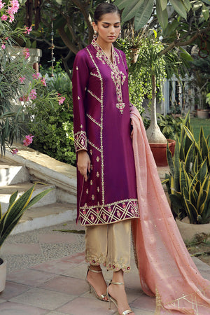 Pakistani Plum Embroidered Silk Long Shirt (3-Piece) - Image 3