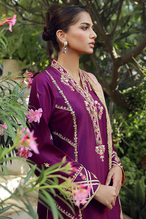 Pakistani Plum Embroidered Silk Long Shirt (3-Piece) - Image 5