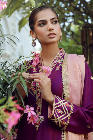 Pakistani Plum Embroidered Silk Long Shirt (3-Piece) - Image 6