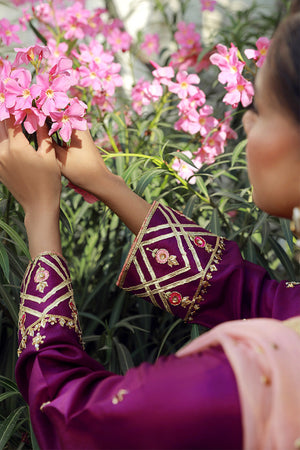 Pakistani Plum Embroidered Silk Long Shirt (3-Piece) - Image 7