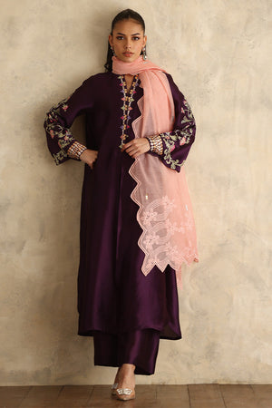 Deep Purple Embroidered Silk Salwar Kameez (3-Piece) - Image 1