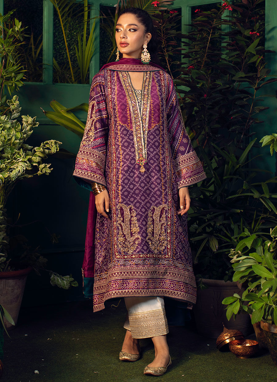 Pakistani Purple Zardozi Embroidered Silk Chunri Kurta (3-Piece) - Image 1