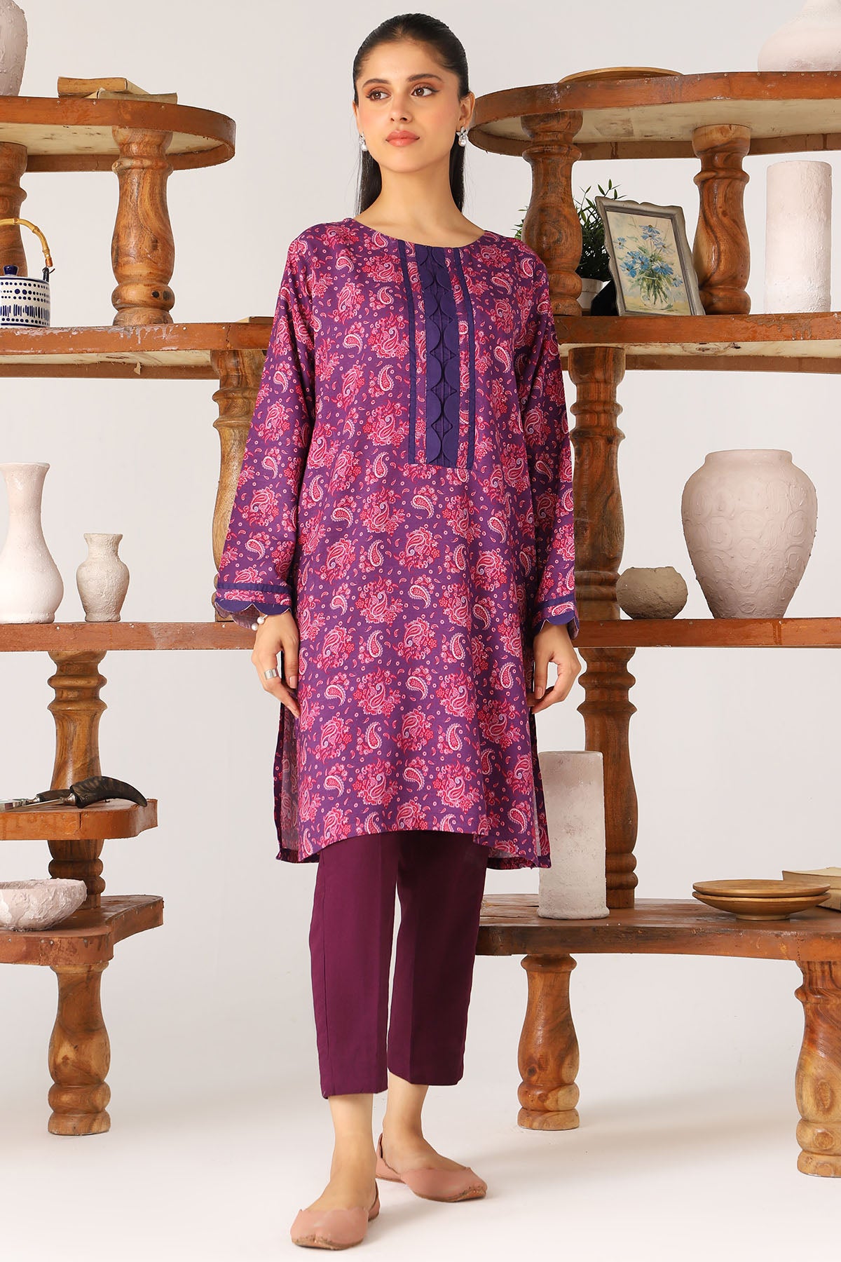 Pakistani Purple Digital Printed Slub Linen Salwar Kameez (2-Piece) - Image 1