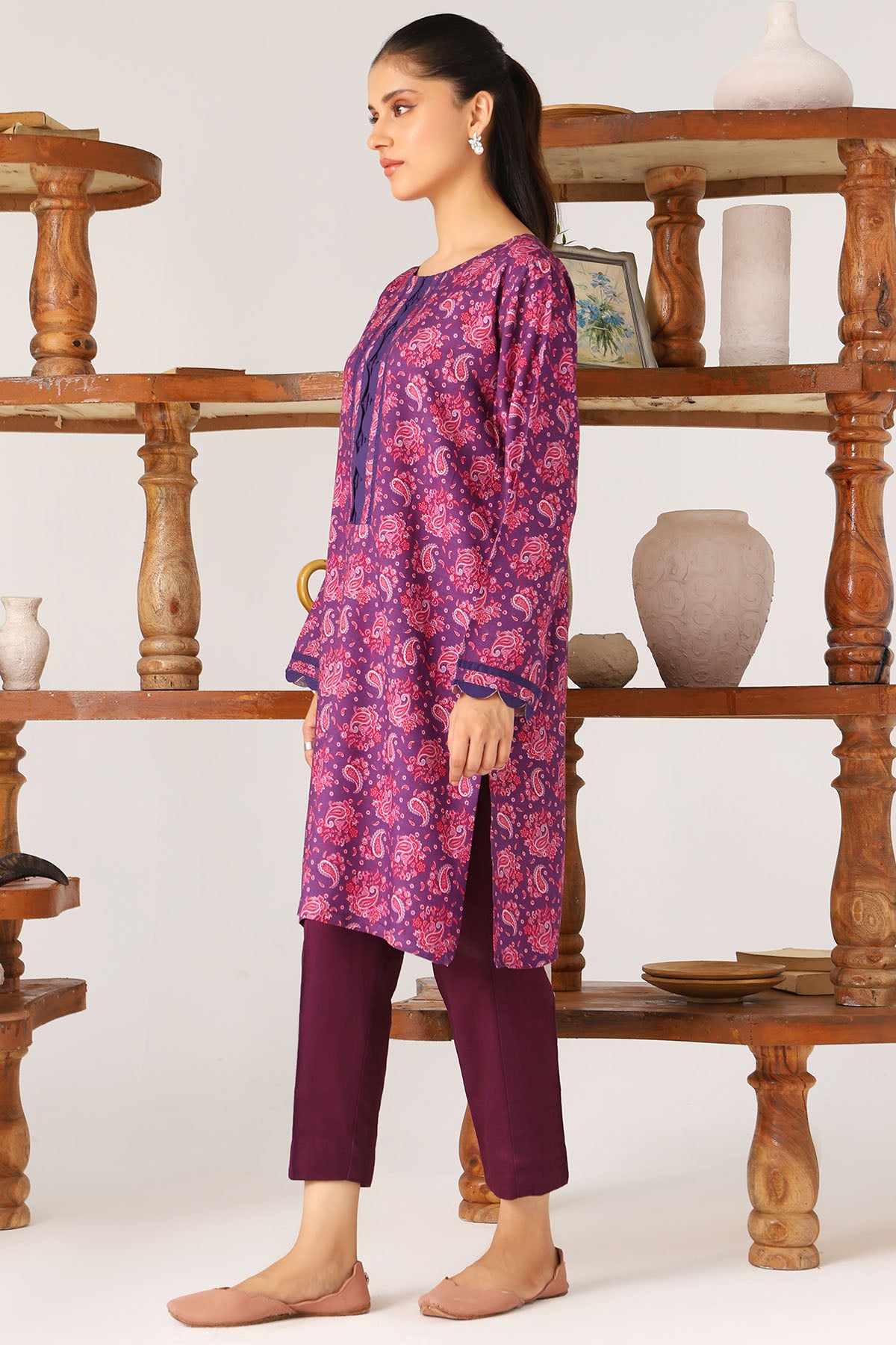 Pakistani Purple Digital Printed Slub Linen Salwar Kameez (2-Piece) - Image 2
