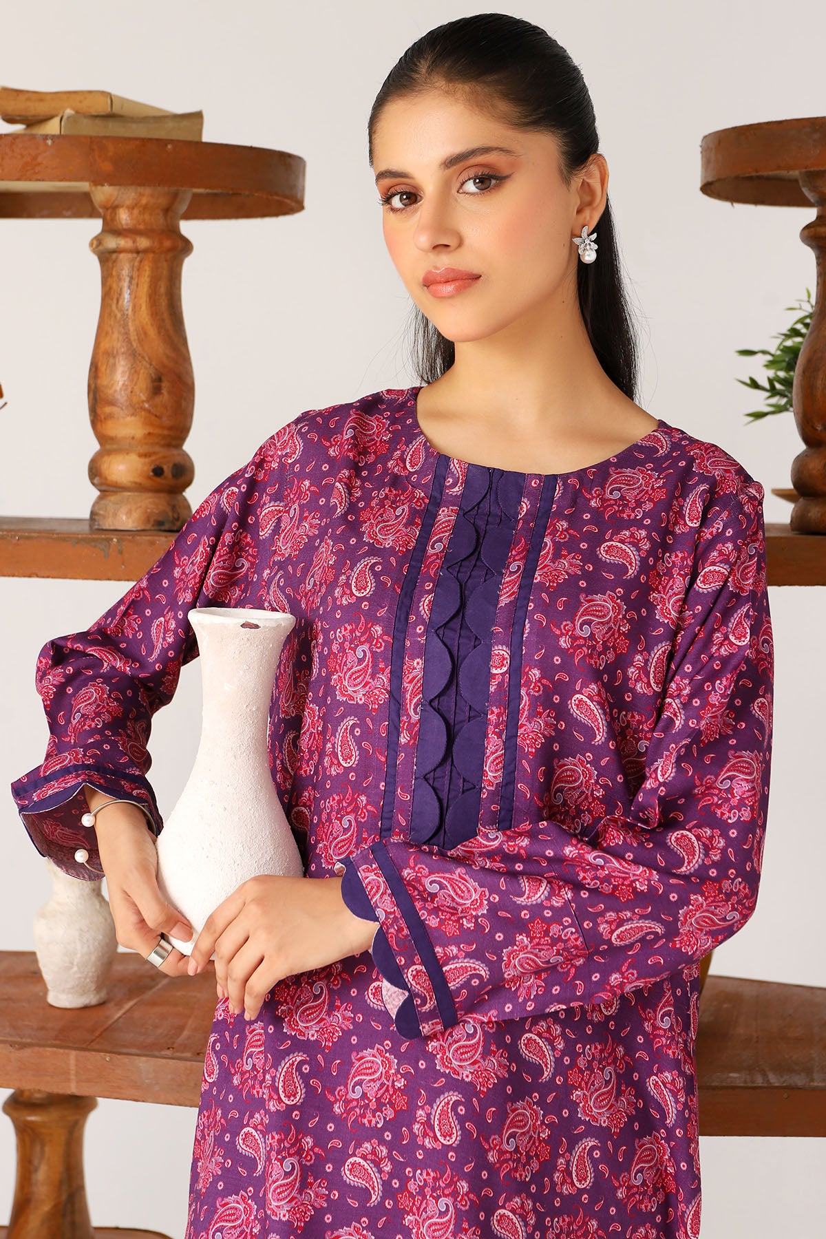 Pakistani Purple Digital Printed Slub Linen Salwar Kameez (2-Piece) - Image 3