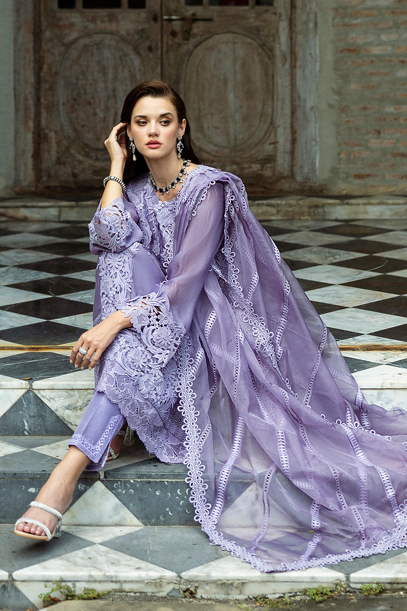 Pakistani Lavender Embroidered Pure Spench Silk Salwar Kameez (3-Piece) - Image 8