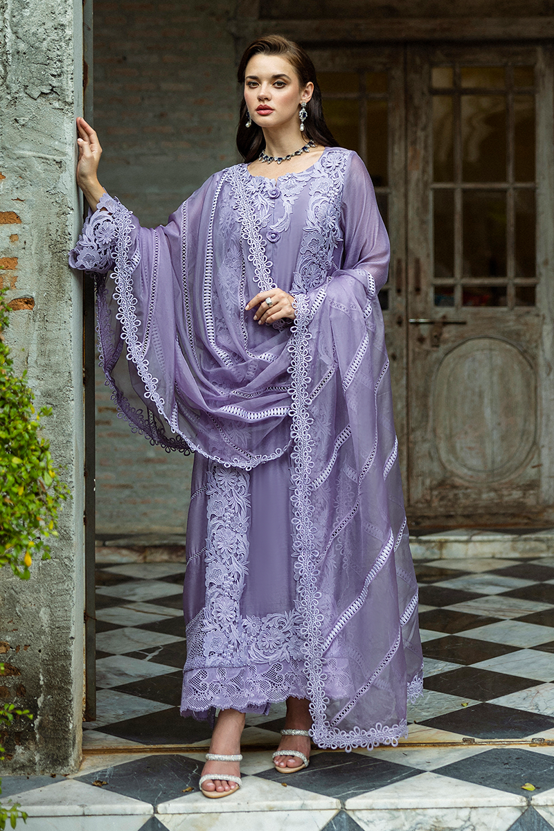 Pakistani Lavender Embroidered Pure Spench Silk Salwar Kameez (3-Piece) - Image 9