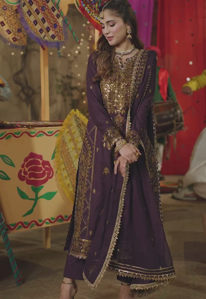 Deep Purple Embroidered Twisted Silk 3-Piece Suit - Image 5