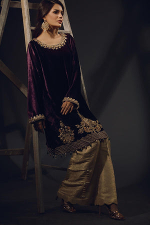 Pakistani Deep Amethyst Embroidered Velour Salwar Kameez (3-Piece) - Image 3