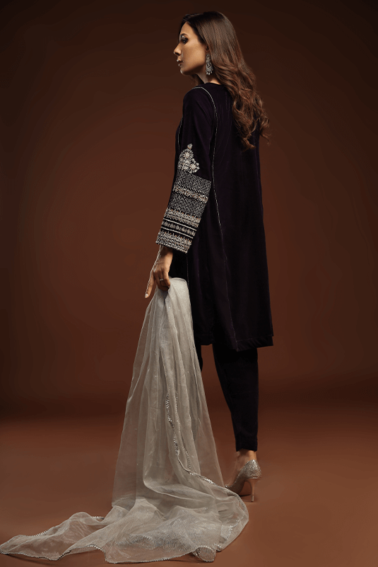 Purple Embroidered Velvet Salwar Kameez (3-Piece) - Image 6