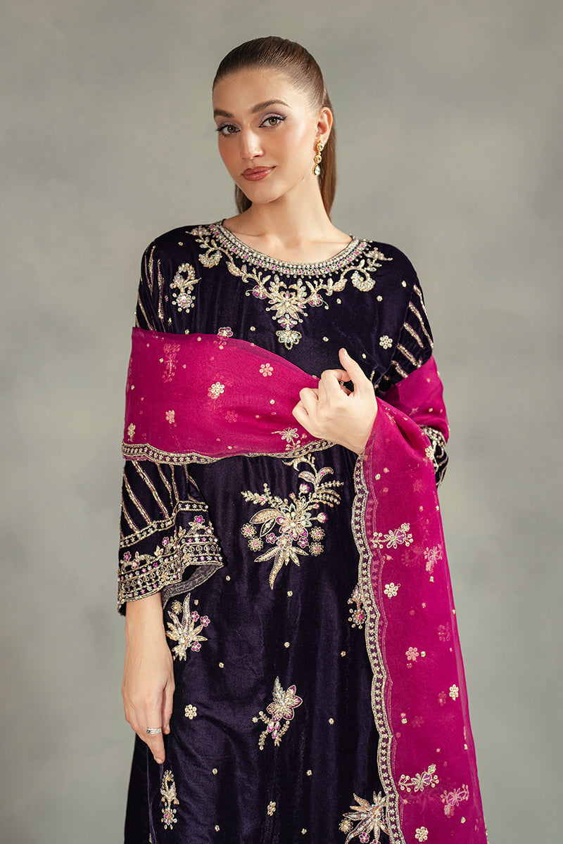 Purple Embellished Velvet Salwar Kameez (3-Piece) - Image 2