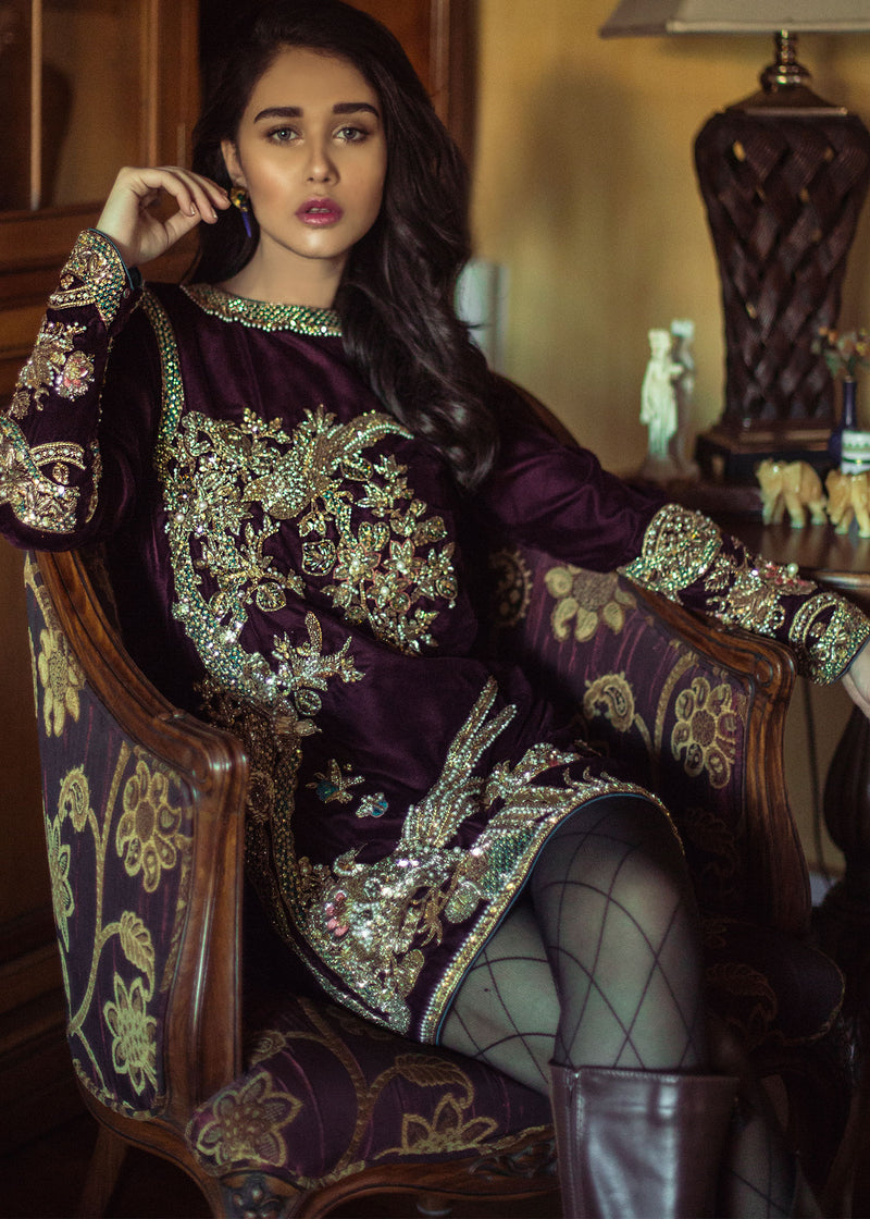 Pakistani Purple Embroidered Velvet Party Shirt (1-Pc) - Image 1