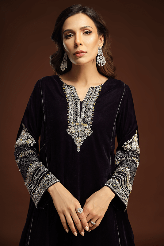 Purple Embroidered Velvet Salwar Kameez (3-Piece) - Image 3