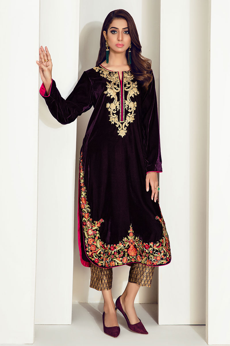 Plum Embroidered Velvet Salwar Kameez (3-Piece) - Image 1