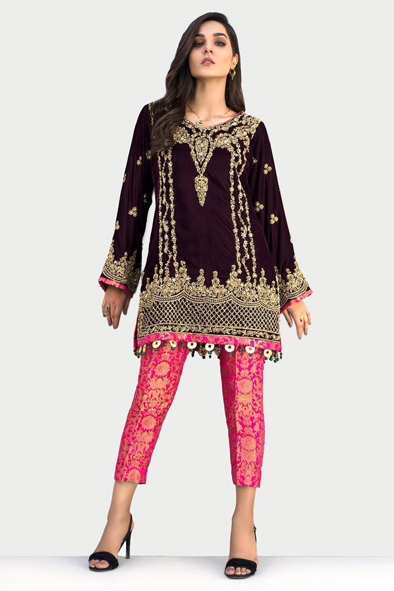 Pakistani Deep Plum Embroidered Velvet Salwar Kameez (3-Piece) - Image 1